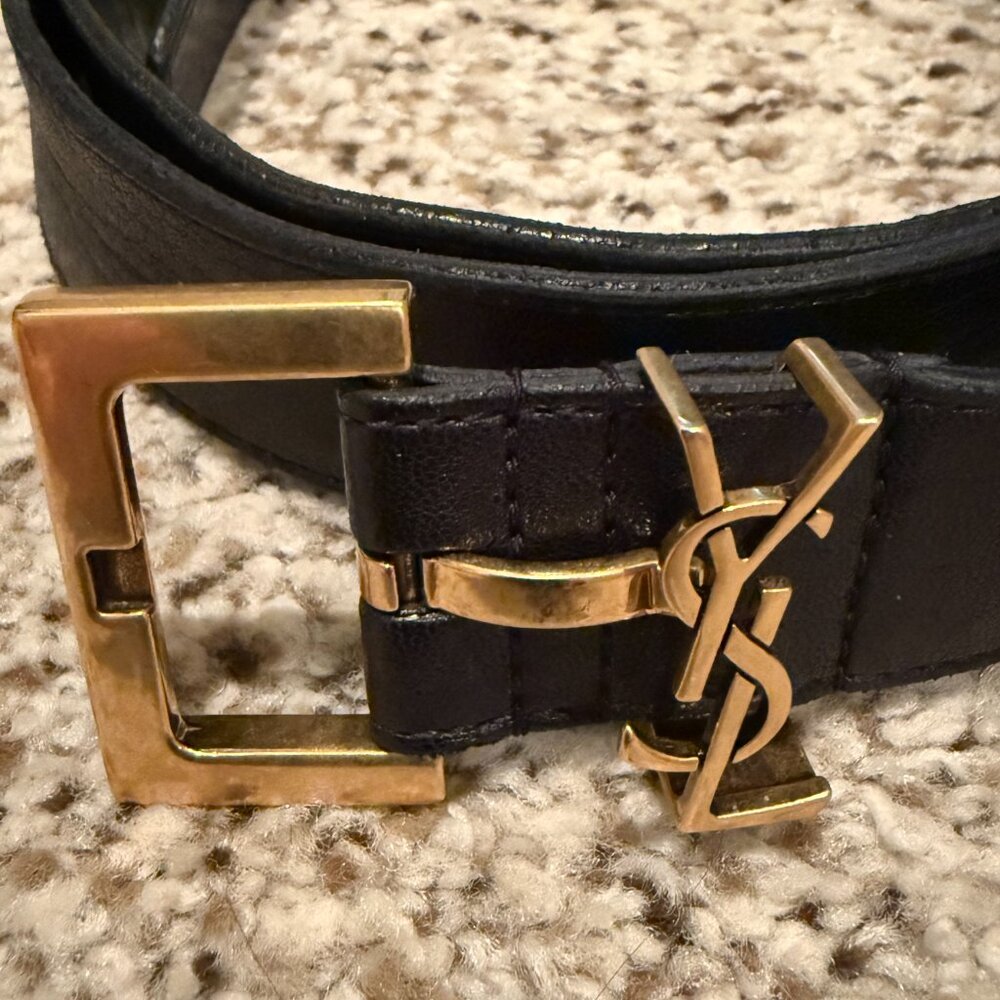 YSL | Cintura Box Monogram Leather Belt | Nero/Gold | Size: 90 (36") - Picture 9 of 15